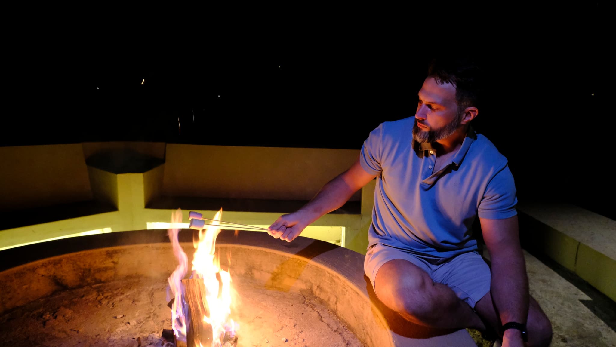 Evening fire pit with marshmallows under the stars