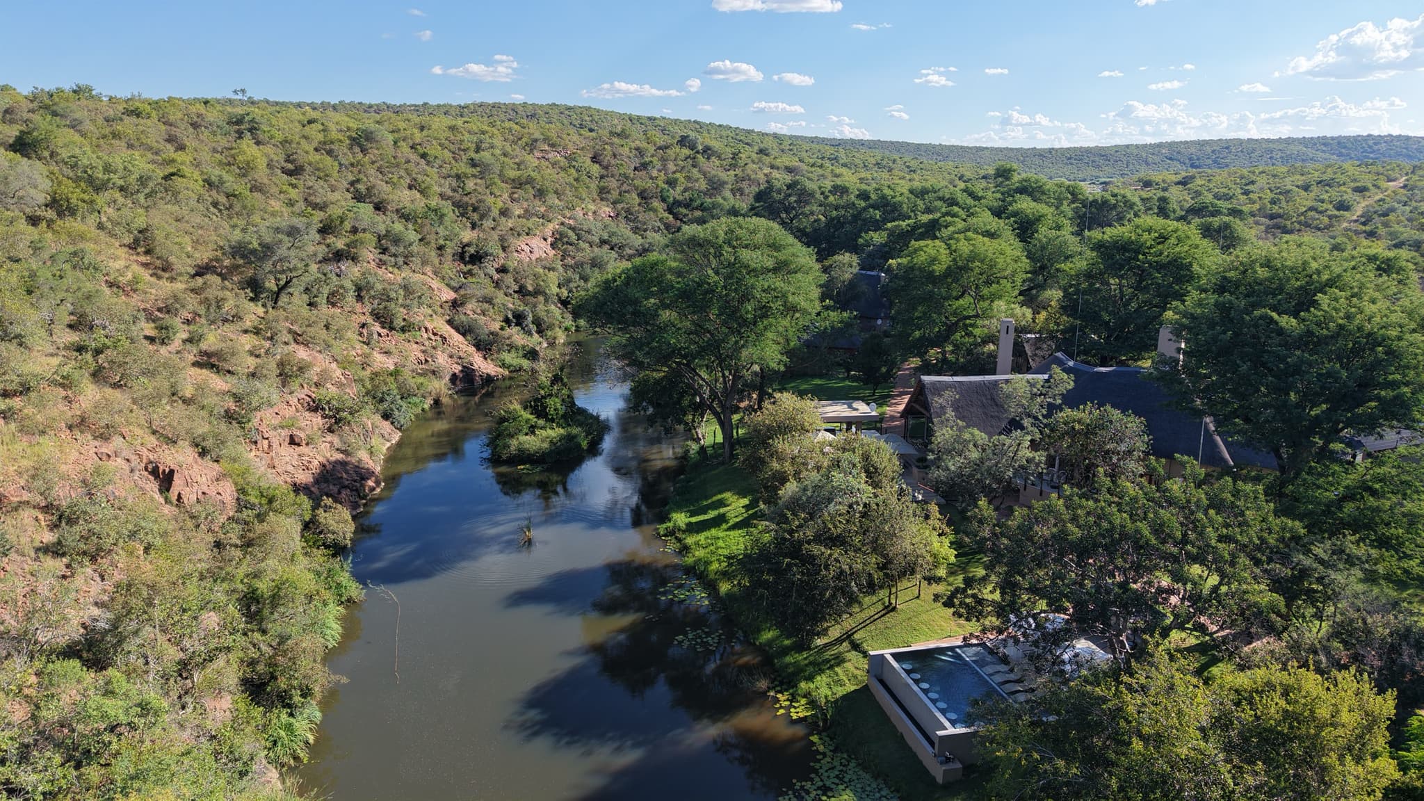 Aerial view of the lodge and river valley